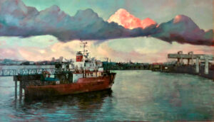 Drama Above the Cardiff Bay, Oil on Canvas, 110×90 cm