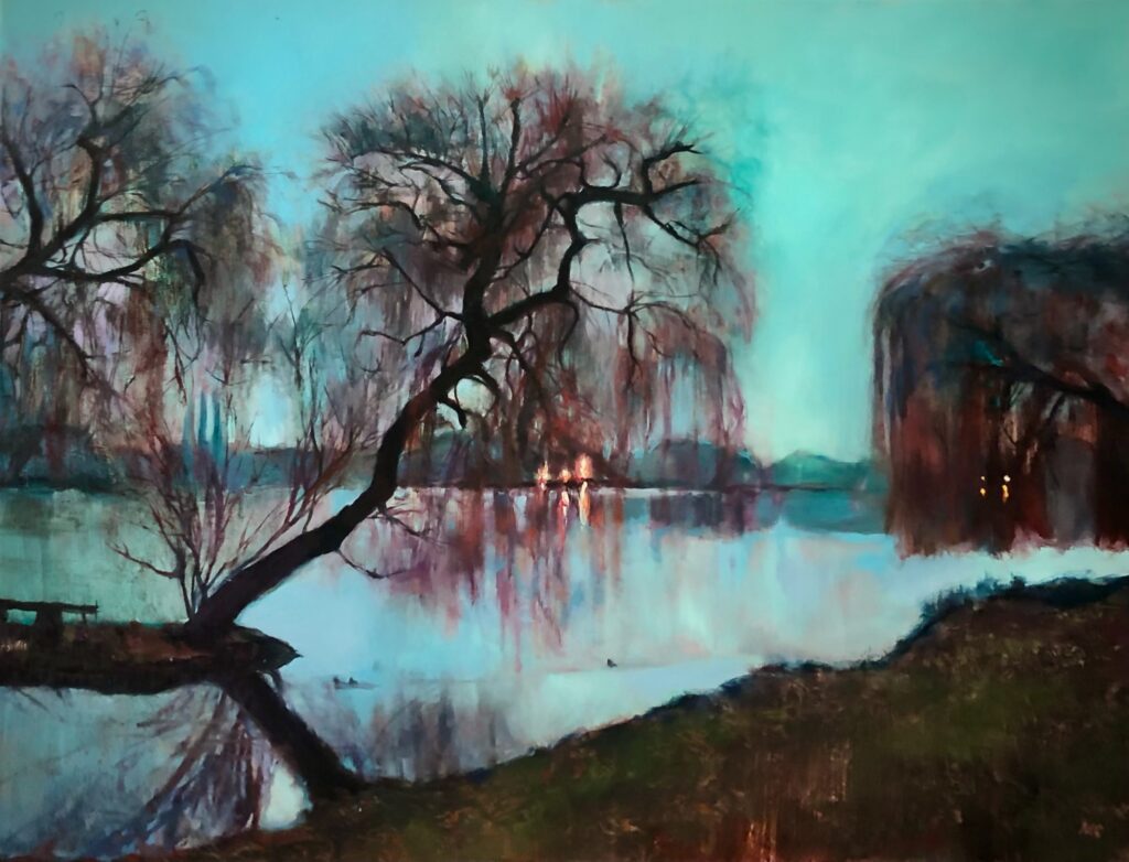 painting of the night scene in blue with trees and lights in the distance